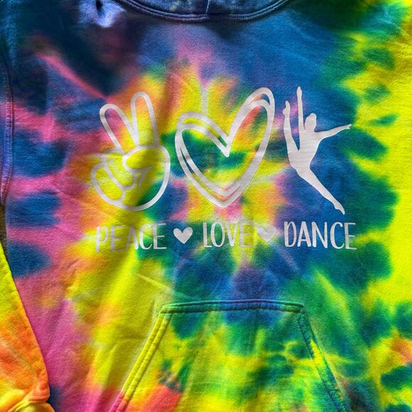 Gildan Unisex Tie-Dye Hoodie Peace Love Dance Graphic Size S Multicolor - Picture 2 of 7